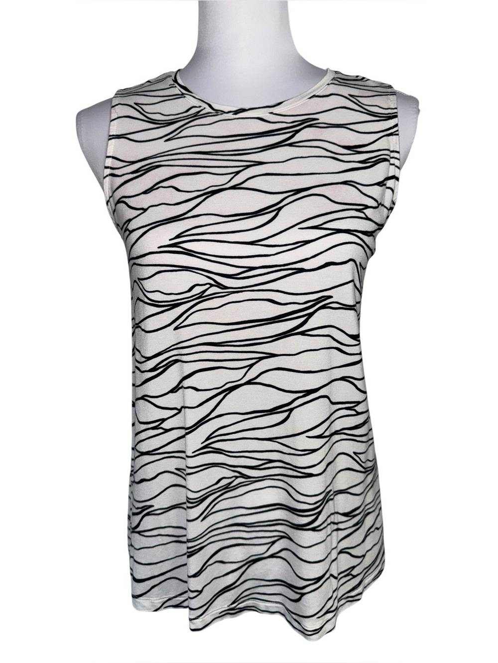 Nine West Soft Spun Tank Top Medium White Black Abstract Sleeveless Stretch